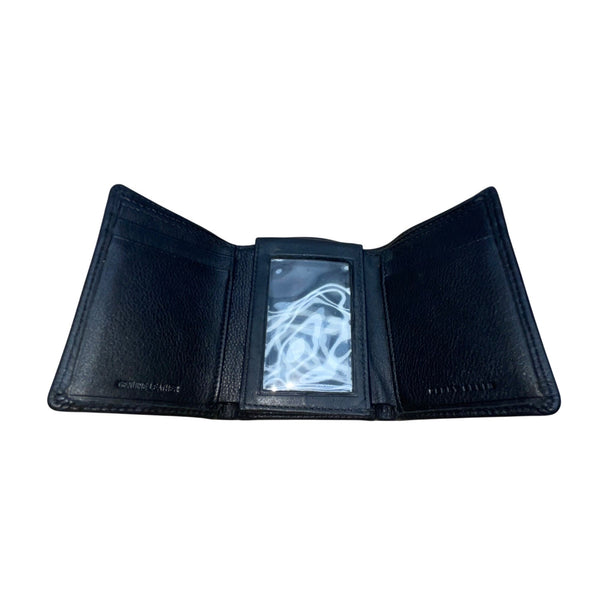 Perry Ellis Men Black Genuine Leather With ID Window & Card Slots Trifold Wallet