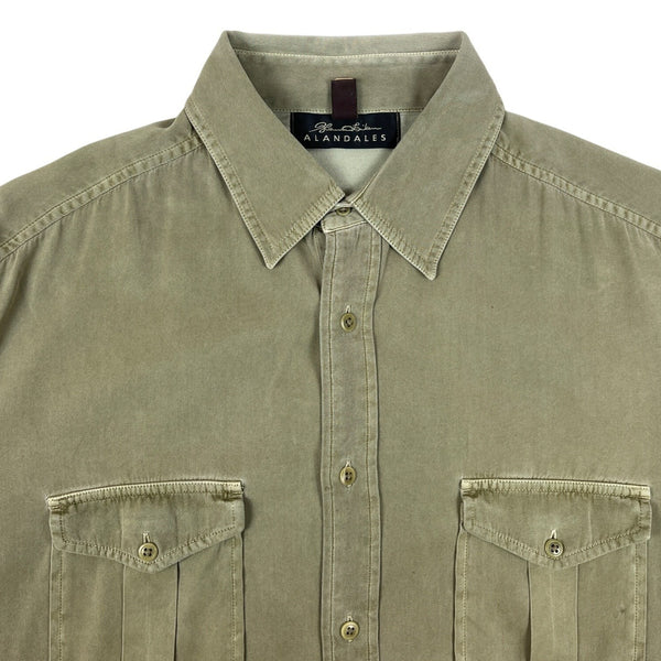 Alandales Men's Green Long Sleeve Button Up Silk - Cotton Pocket Shirt Sz M