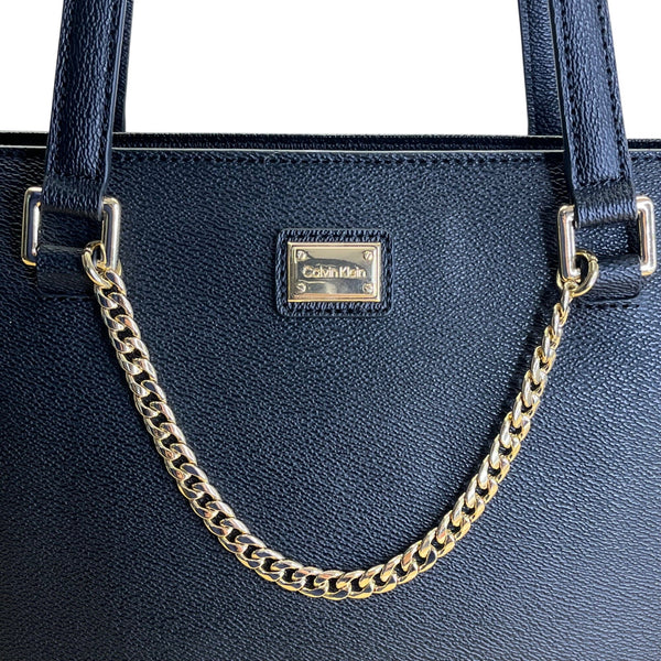 Calvin Klein Black Faux Leather With Gold Chain Detail & Dual Straps Tote Bag