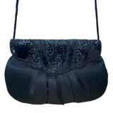 Vintage Black Beaded Satin With Scalloped Flap Design & Long Strap Evening Bag