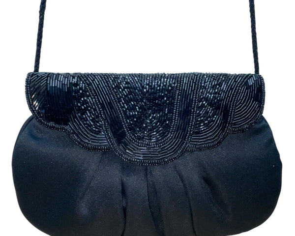 Vintage Black Beaded Satin With Scalloped Flap Design & Long Strap Evening Bag