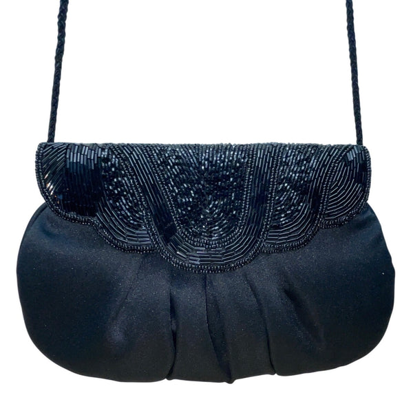 Vintage Black Beaded Satin With Scalloped Flap Design & Long Strap Evening Bag
