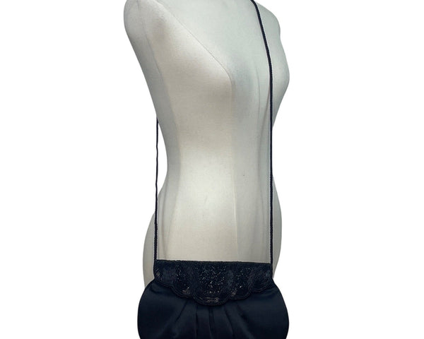 Vintage Black Beaded Satin With Scalloped Flap Design & Long Strap Evening Bag
