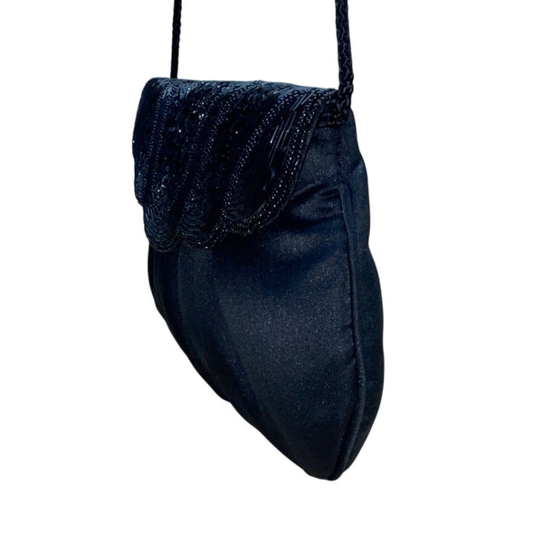 Vintage Black Beaded Satin With Scalloped Flap Design & Long Strap Evening Bag