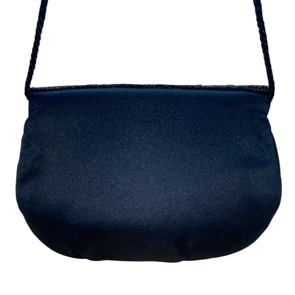 Vintage Black Beaded Satin With Scalloped Flap Design & Long Strap Evening Bag