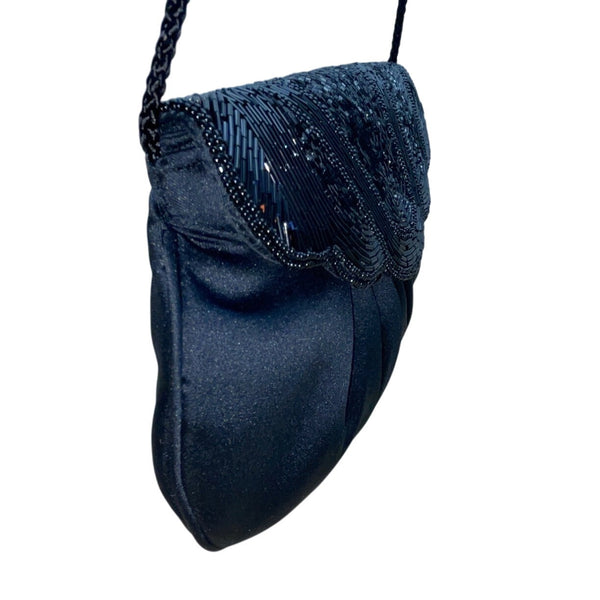 Vintage Black Beaded Satin With Scalloped Flap Design & Long Strap Evening Bag