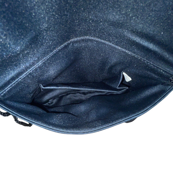Vintage Black Beaded Satin With Scalloped Flap Design & Long Strap Evening Bag