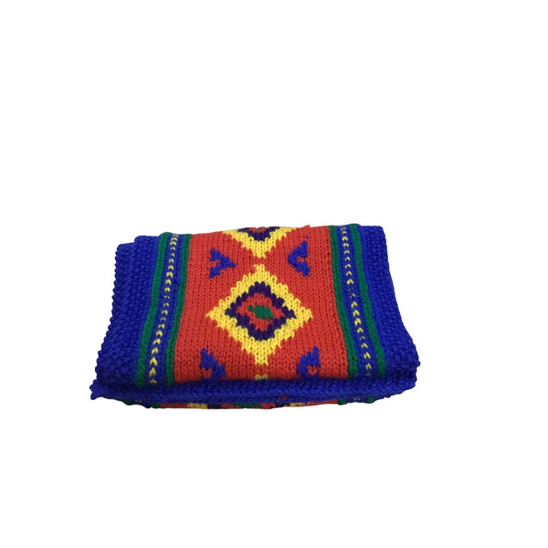 Morgan Taylor Colorful Knit Acrylic Wool Scarf Handknit Diamond Pattern Blue Red