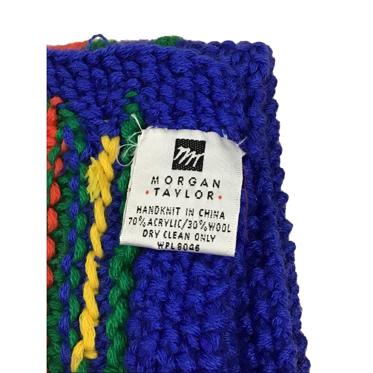 Morgan Taylor Colorful Knit Acrylic Wool Scarf Handknit Diamond Pattern Blue Red