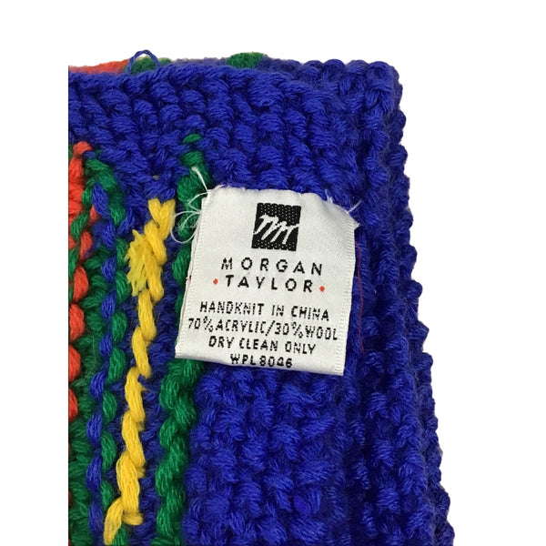 Morgan Taylor Colorful Knit Acrylic Wool Scarf Handknit Diamond Pattern Blue Red