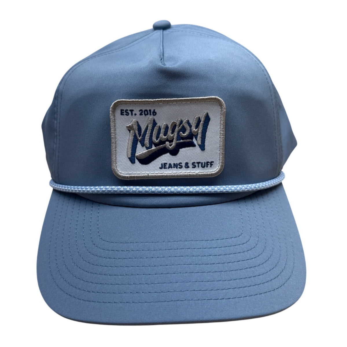 Mugsy Mens Adjustable Blue Baseball Cap With Embroidered Patch & Rope Detail