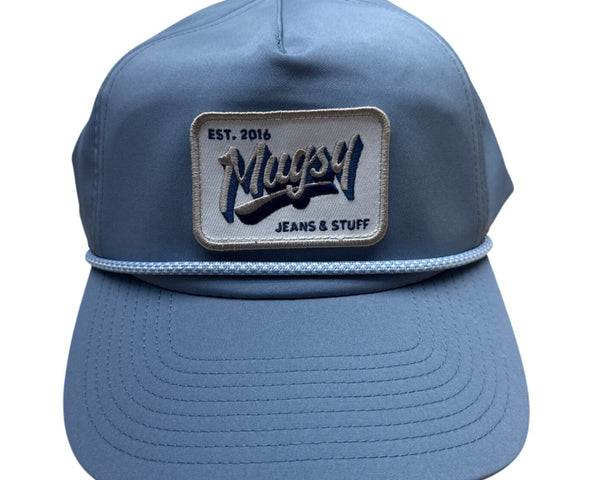 Mugsy Mens Adjustable Blue Baseball Cap With Embroidered Patch & Rope Detail
