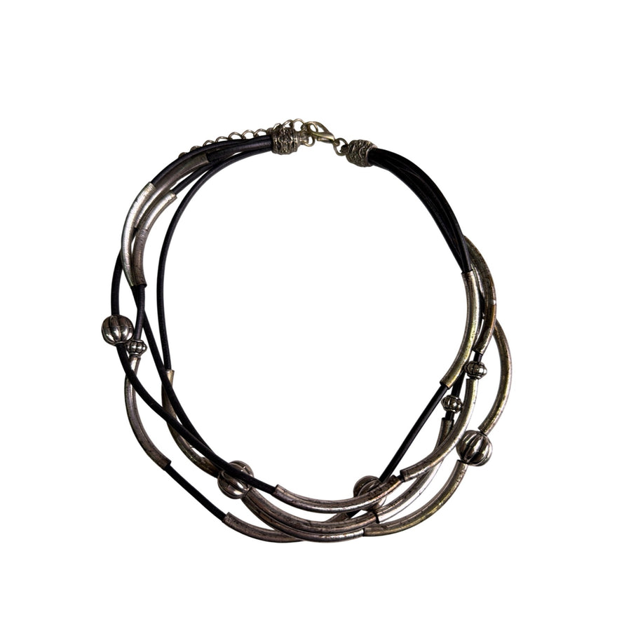 Multistrand Black & Silver-Tone Metal Layered Necklace With Adjustable Lobster Clasp