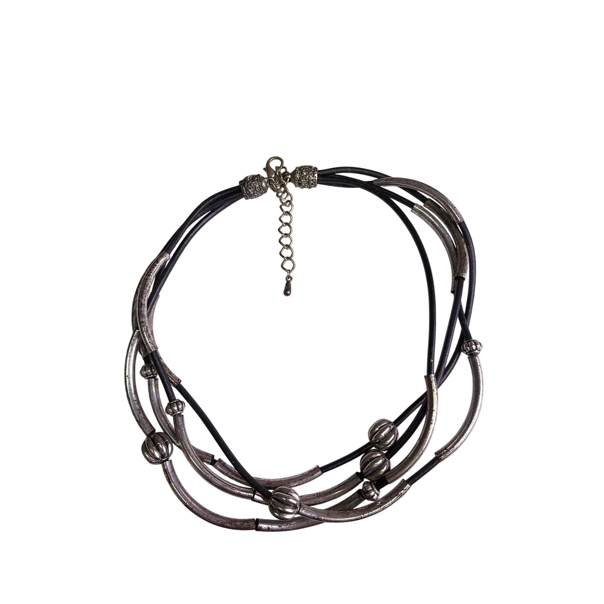 Multistrand Black & Silver-Tone Metal Layered Necklace With Adjustable Lobster Clasp