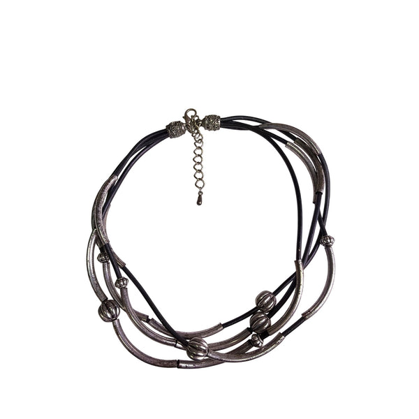 Multistrand Black & Silver-Tone Metal Layered Necklace With Adjustable Lobster Clasp