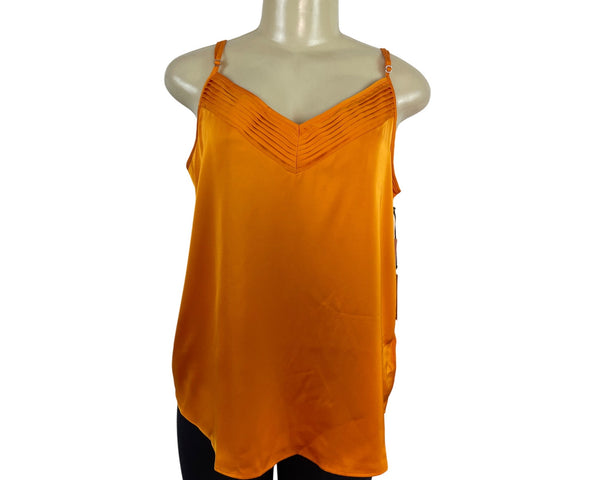 1.State Womens Orange Sleeveless V-Neck Pleated Satin Camisole Top Size L - New