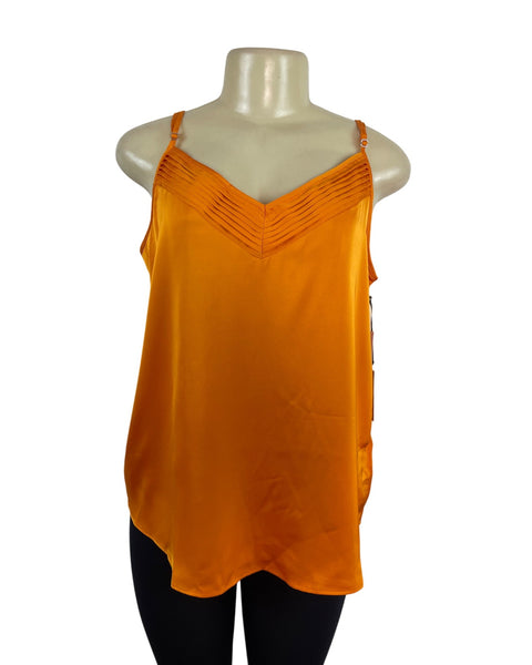 1.State Womens Orange Sleeveless V-Neck Pleated Satin Camisole Top Size L - New