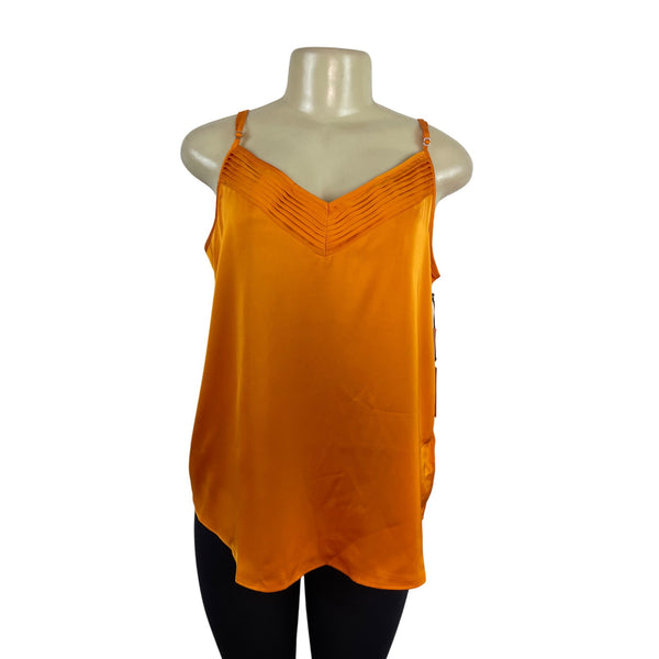 1.State Womens Orange Sleeveless V-Neck Pleated Satin Camisole Top Size L - New