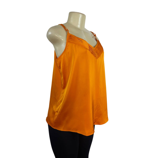 1.State Womens Orange Sleeveless V-Neck Pleated Satin Camisole Top Size L - New