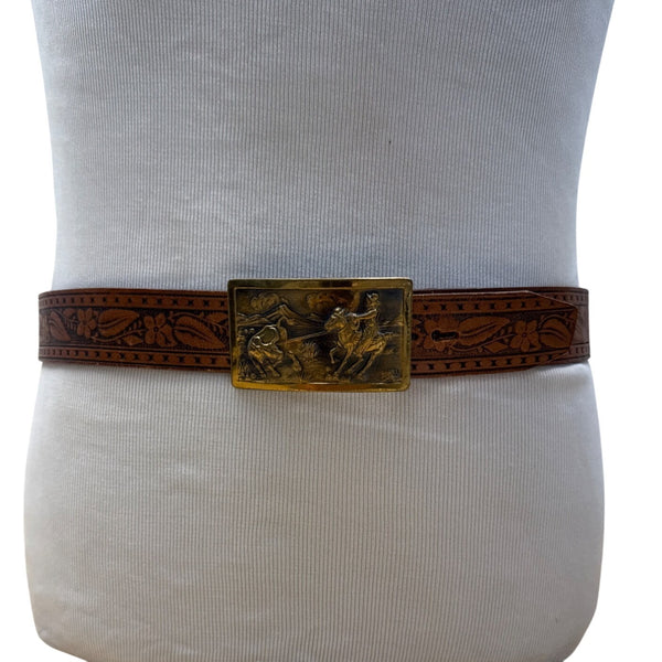 Vintage Pilgrim Tooled Leather Belt With Western Brass Buckle Size 42