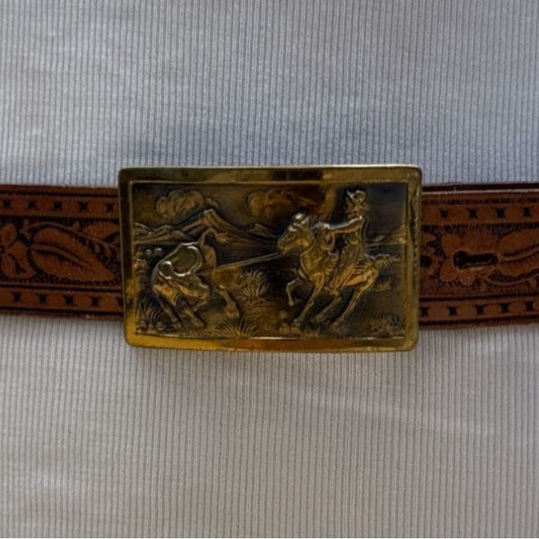Vintage Pilgrim Tooled Leather Belt With Western Brass Buckle Size 42