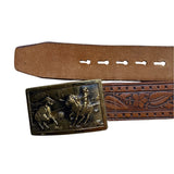 Vintage Pilgrim Tooled Leather Belt With Western Brass Buckle Size 42