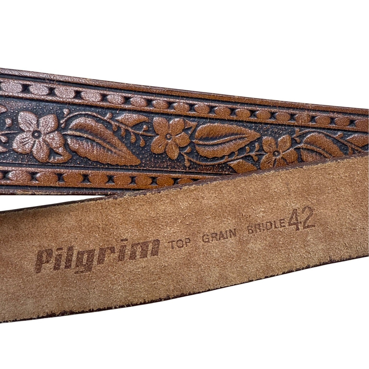 Vintage Pilgrim Tooled Leather Belt With Western Brass Buckle Size 42