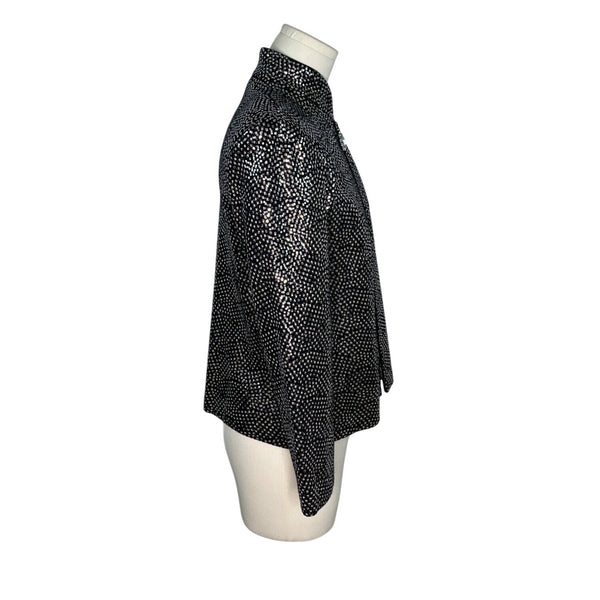 St. John Couture Black & Silver Metallic Knit Jacket With Rhinestone Zipper Pull Size 4