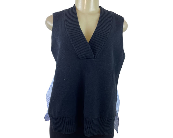 Striped Back Button Sleeveless Blouse With Ribbed Knit Vest Combo Size M