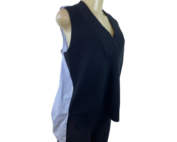 Striped Back Button Sleeveless Blouse With Ribbed Knit Vest Combo Size M