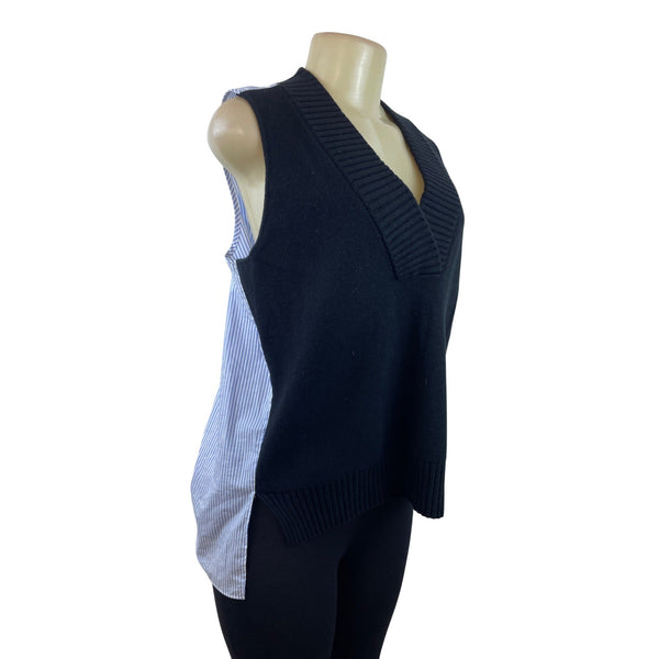 Striped Back Button Sleeveless Blouse With Ribbed Knit Vest Combo Size M