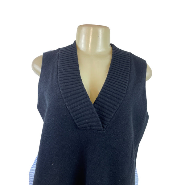 Striped Back Button Sleeveless Blouse With Ribbed Knit Vest Combo Size M