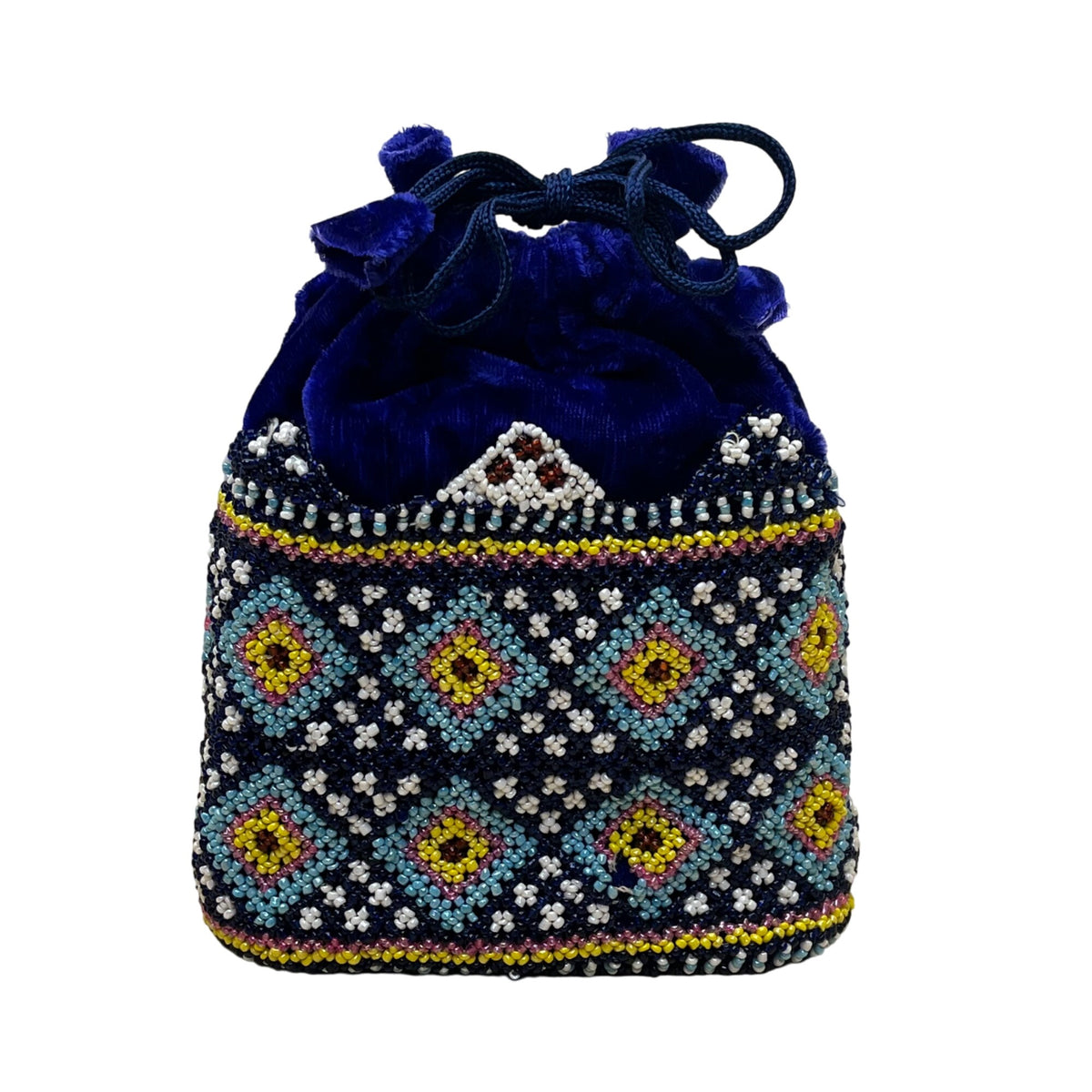 Beaded Velvet Drawstring Pouch Navy Ethnic Geometric Design Embellished Handbag