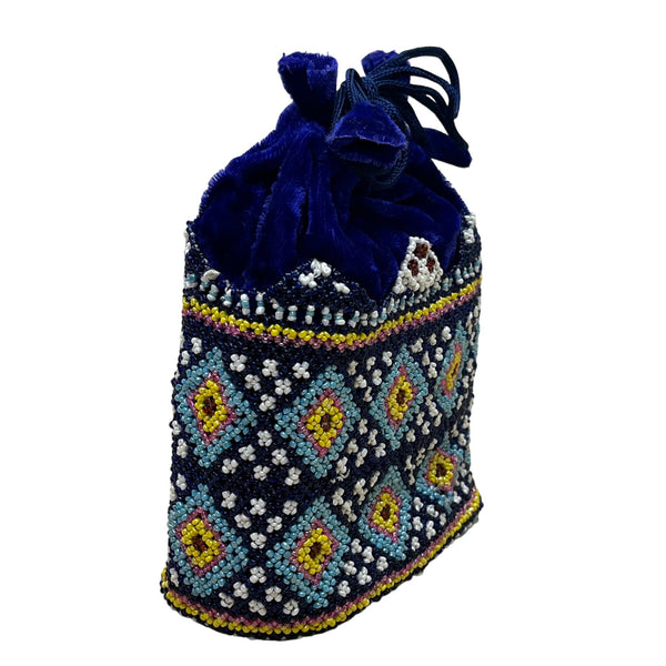 Beaded Velvet Drawstring Pouch Navy Ethnic Geometric Design Embellished Handbag