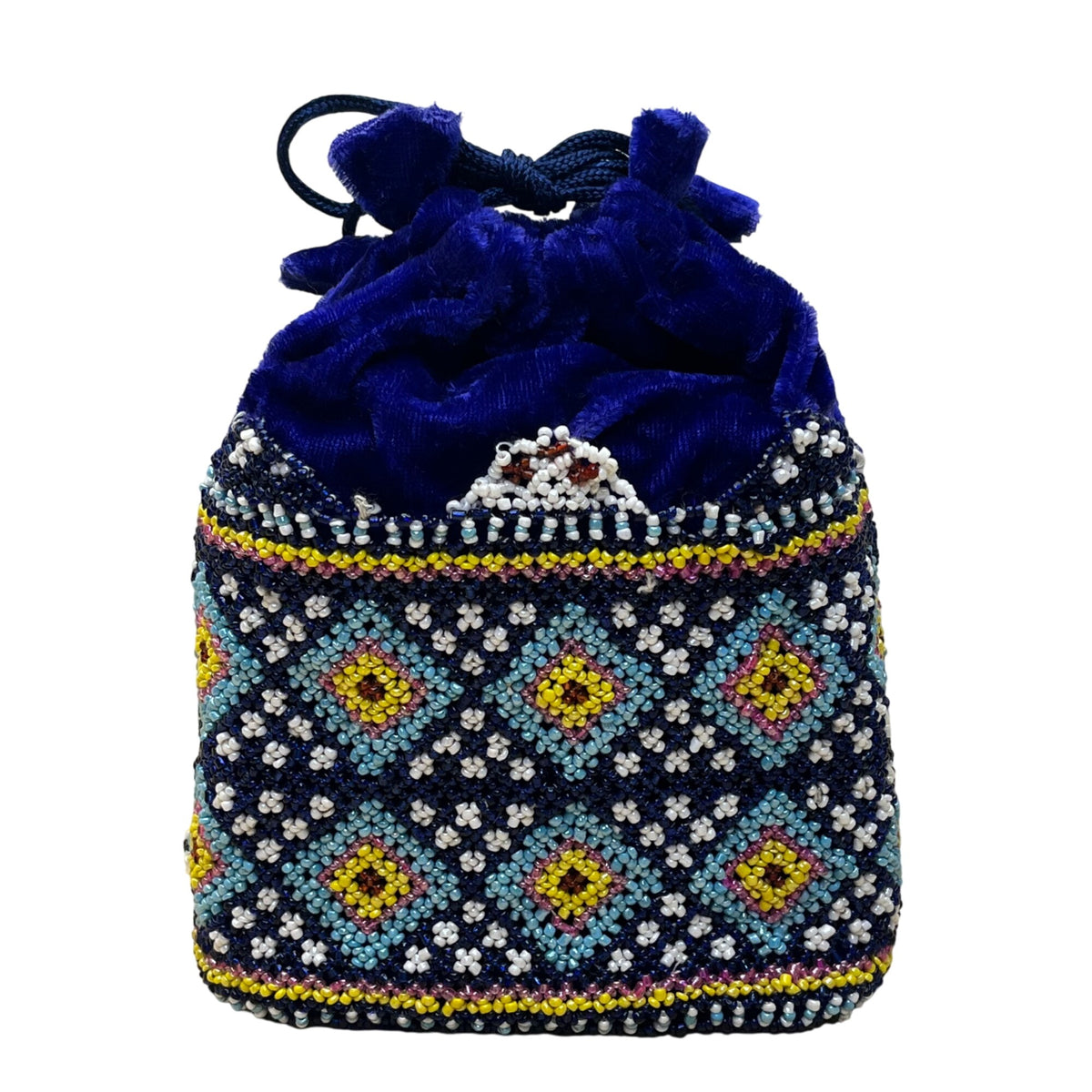 Beaded Velvet Drawstring Pouch Navy Ethnic Geometric Design Embellished Handbag