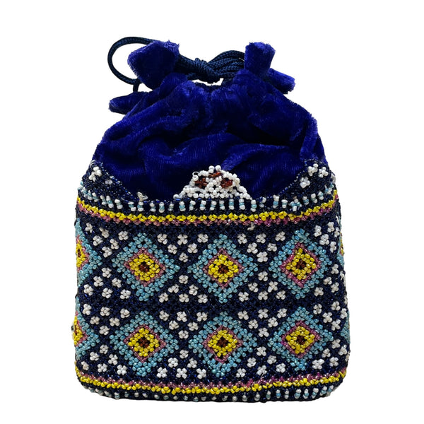 Beaded Velvet Drawstring Pouch Navy Ethnic Geometric Design Embellished Handbag