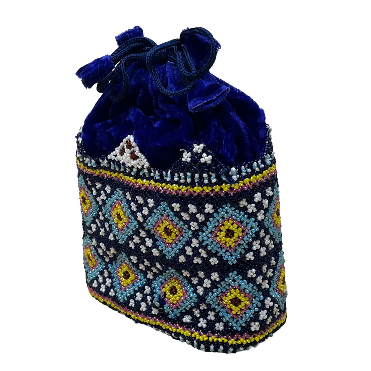 Beaded Velvet Drawstring Pouch Navy Ethnic Geometric Design Embellished Handbag
