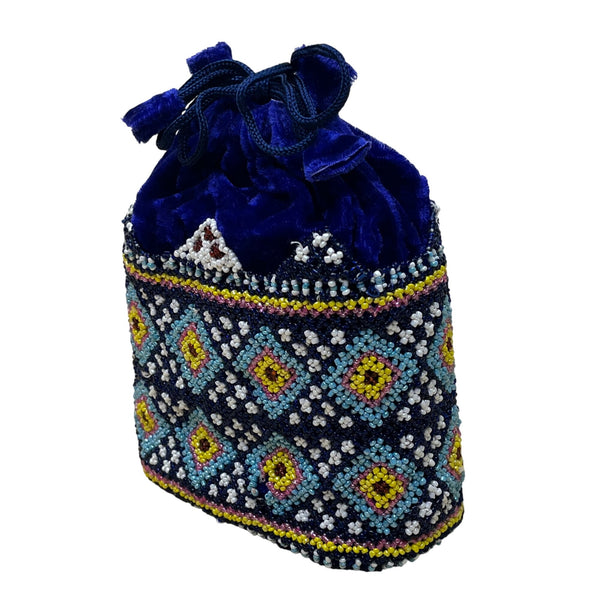 Beaded Velvet Drawstring Pouch Navy Ethnic Geometric Design Embellished Handbag