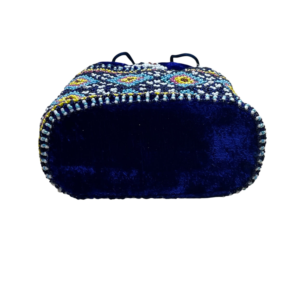 Beaded Velvet Drawstring Pouch Navy Ethnic Geometric Design Embellished Handbag