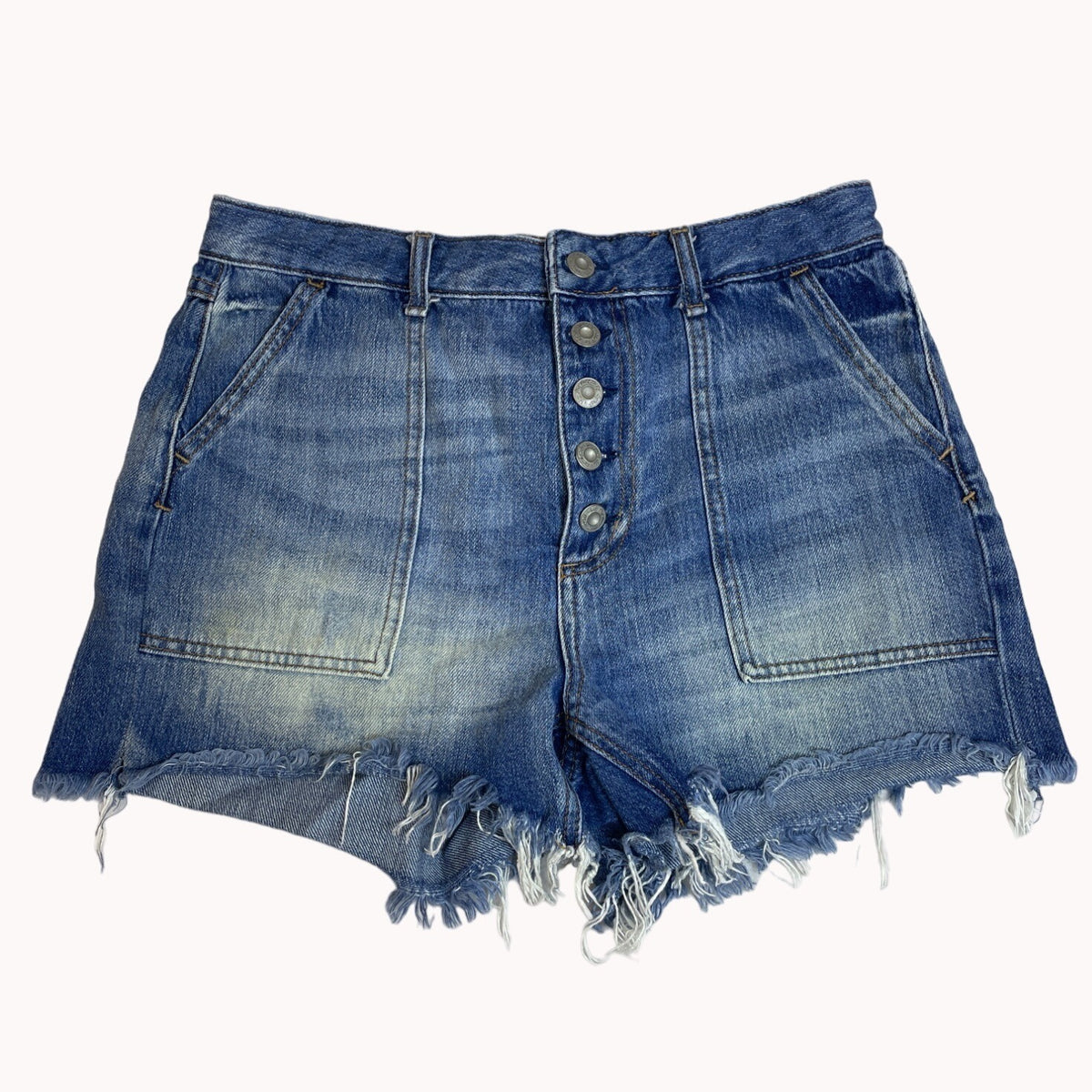 We The Free Women's Cut Off Distressed Blue Jeans Button Fly Denim Shorts Sz 29
