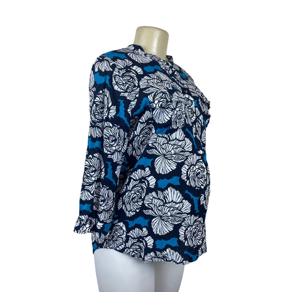 Stylus Women's Black White and Blue Floral Art Blouse Sz M -NWT