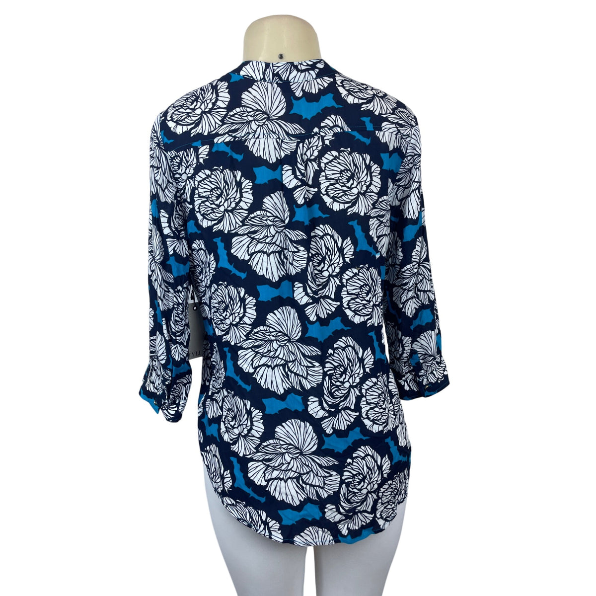 Stylus Women's Black White and Blue Floral Art Blouse Sz M -NWT