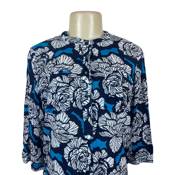 Stylus Women's Black White and Blue Floral Art Blouse Sz M -NWT