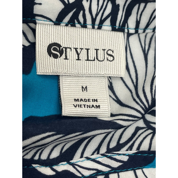 Stylus Women's Black White and Blue Floral Art Blouse Sz M -NWT
