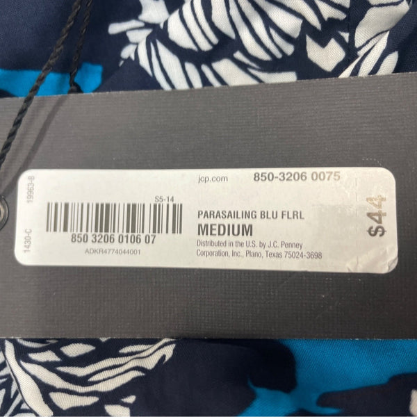 Stylus Women's Black White and Blue Floral Art Blouse Sz M -NWT