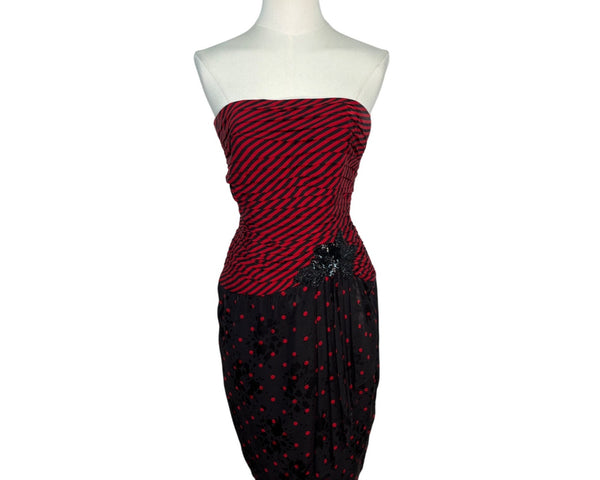 Vintage A.J. Bari Strapless Red & Black Striped Polka Dot Dress Szize 4