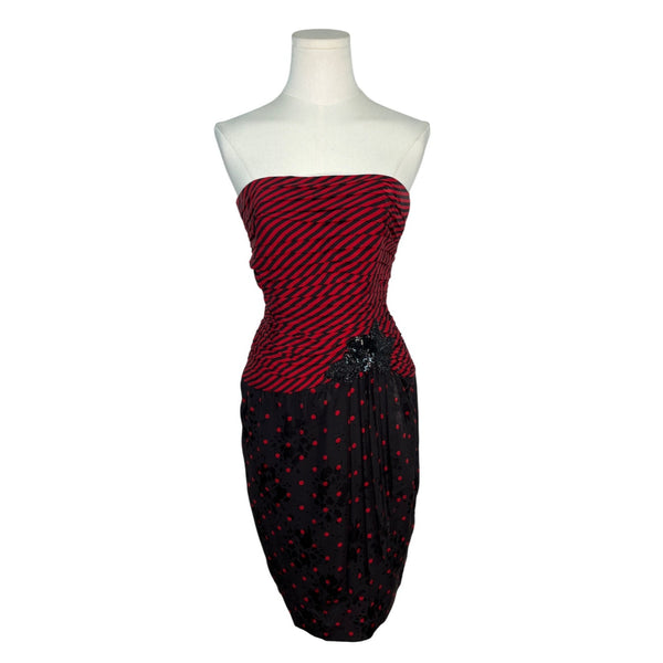 Vintage A.J. Bari Strapless Red & Black Striped Polka Dot Dress Szize 4