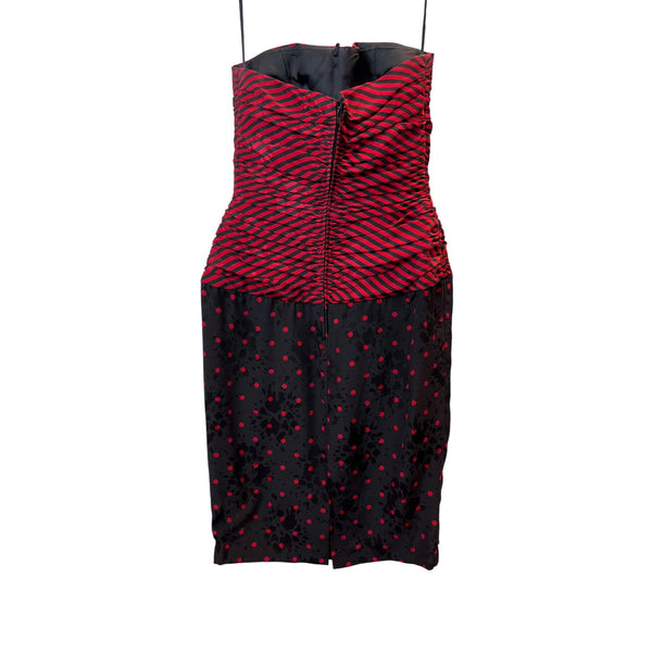 Vintage A.J. Bari Strapless Red & Black Striped Polka Dot Dress Szize 4