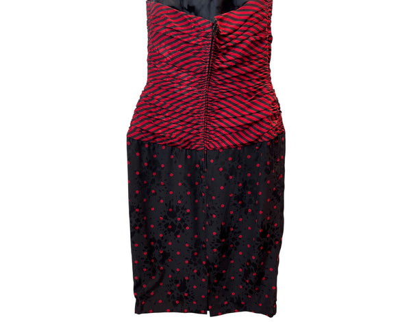Vintage A.J. Bari Strapless Red & Black Striped Polka Dot Dress Szize 4