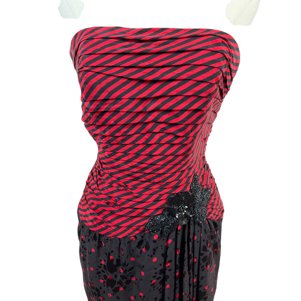 Vintage A.J. Bari Strapless Red & Black Striped Polka Dot Dress Szize 4